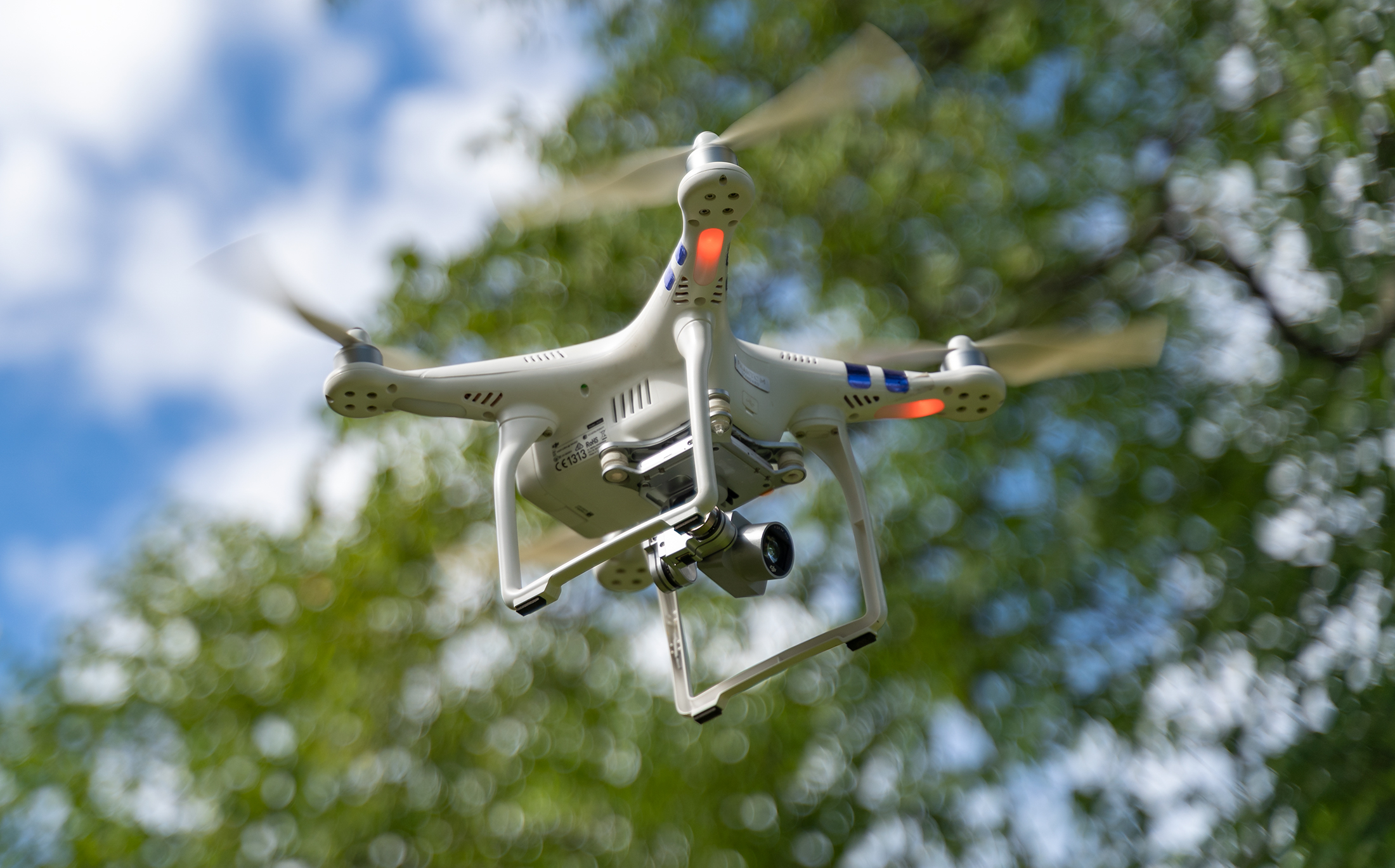 Drone Mid-Flight with Bokeh